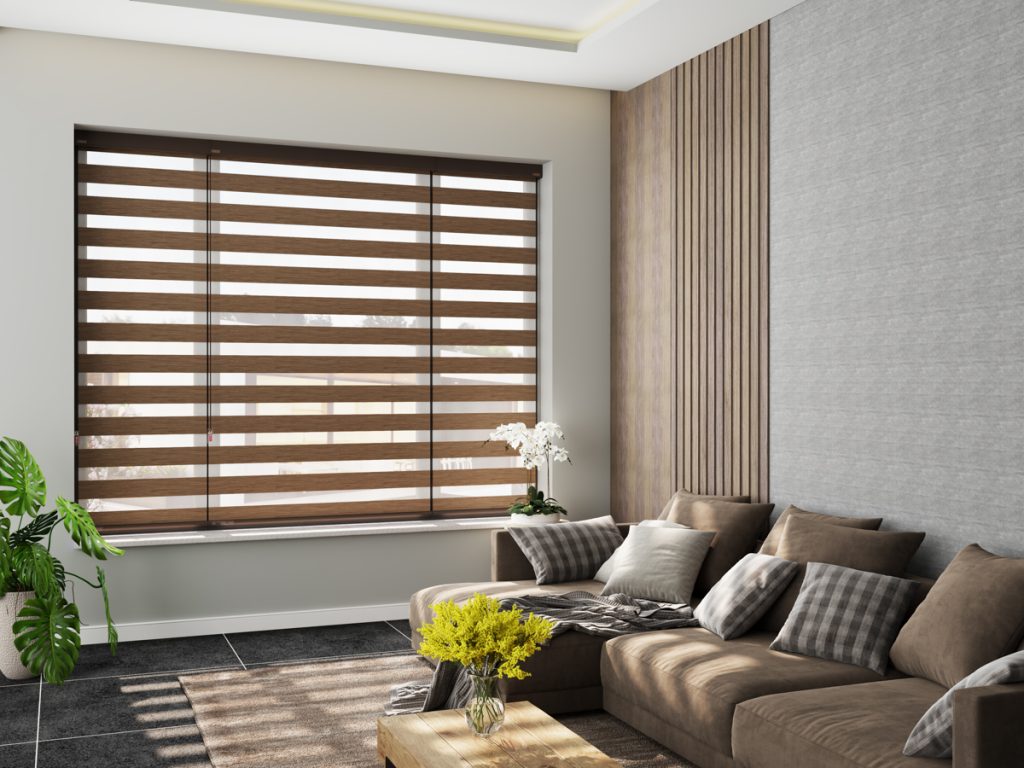 Rèm cầu vồng (zebra blinds) nổi bật nhờ thiết kế xen kẽ giữa lớp vải xuyên sáng và lớp cản sáng